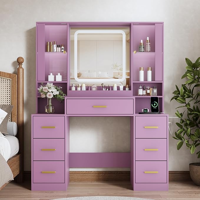 Vanity Desk with Mirror and Lights, Makeup Vanity with 7 Drawers, 2 Glass Door Cabinets, Charging Station, Adjustable Shelves, RGB Lighting, Hair Dryer Holder