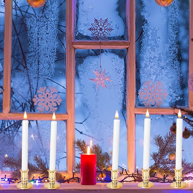 LED Flameless Window Candles with Remote Timer 10 PCS Battery Operated Flickering Taper Candle Lights with Removable Gold Candle Holders Best Gift for Xmas Wedding Home Dinner Decor