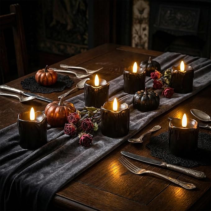 Eywamage Black Dripping Wax Flameless Votive Candles with Timer Batteries, Flickering 2x2 inch Small LED Candles Set of 6