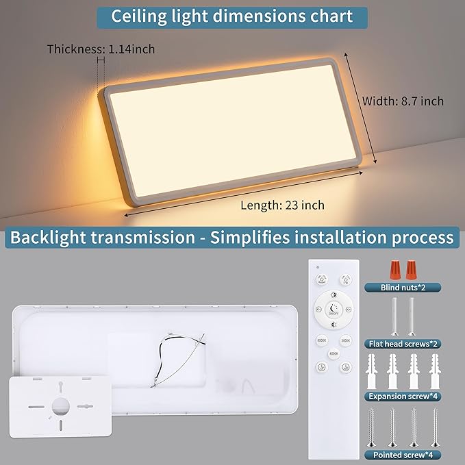 23 Inch Dimmable LED Flush Mount Ceiling Light Fixture with Remote, Square Low Profile Ceiling Light,3000K–6500K Color Changing,1800K Night Light,White,for Bedroom,Kitchen,Living Room