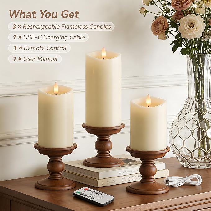 Rechargeable Flickering Flameless Candles Melted Edge Battery Operated with Remote and Timer, Real Wax LED USB Type-C Pillar Candles, Set of 3 (3" x 4",5",6"), Ivory,Spring Home Decor