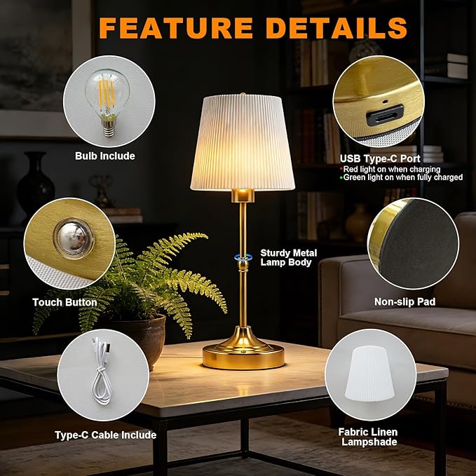 Cordless LED Table Lamp Rechargeable-5200mAh Battery Operated Lamp with Stepless Dimming,Touch Control/Smart Memory,Portable Wireless Lamp for Kid's Room/Dining Table/Bedroom/Home Decor