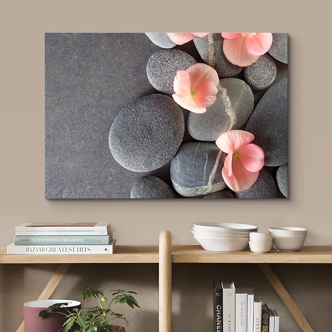 wall26 Canvas Print Wall Art Gray Stones with Pink Daisy Flowers Floral Nature Photography Realism Bohemian Scenic Relax/Calm Cool for Living Room, Bedroom, Office - 24"x36"