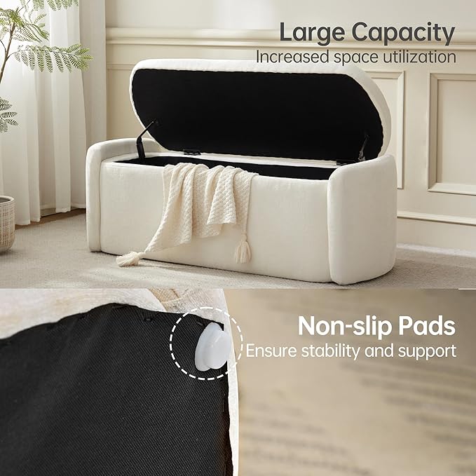 VKNOW 46" Oval Storage Ottoman Bench, Upholstered End of Bed Bench Ottomans Bench Foot Rest, Sherpa Storage Bench for Bedroom, Living Room and Hallway, Beige
