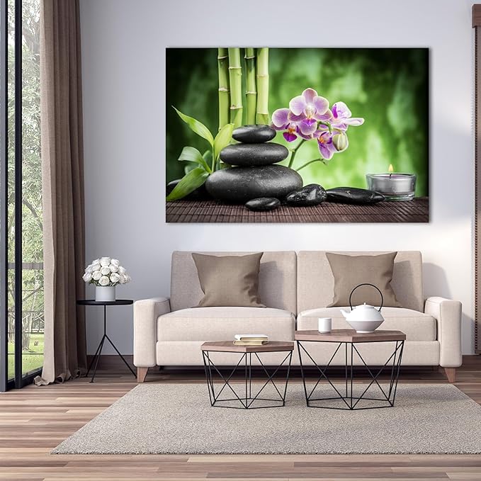 GUTTATY Zen Wall Art Decor, Modern Bathroom Zen Decor Wall Art, Large Canvas Wall Art for SPA Zen Room Decor, Green Bamboo and Pebble Relaxing Art Prints for Office & SPA Wall Decor 32x48 Inches