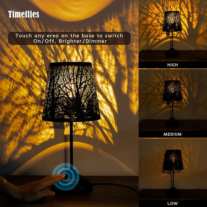 3 Level Dimmable Touch Table Lamp, Black Metal Tree Pattern Shadow Lamp, Small Bedside Night Light for Kids, Vintage Accent Decor Lamp Halloween Indoor Mood Lighting Bedroom Living Room Small Spaces