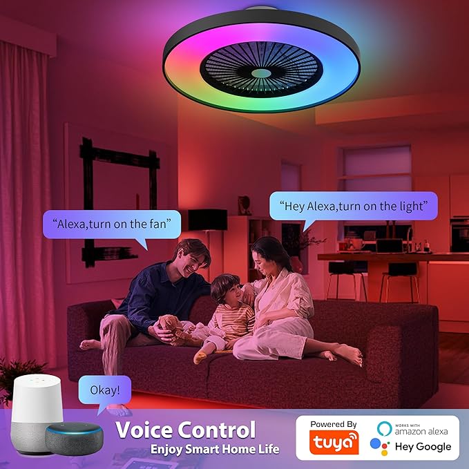 24" RGB Low Profile Ceiling Fan with Light, Smart Bladeless Ceiling Fan with APP/Alexa/Remote Control, 6-Speed Silent Reversible DC Motor, Dimmable Color Changing LED, Black