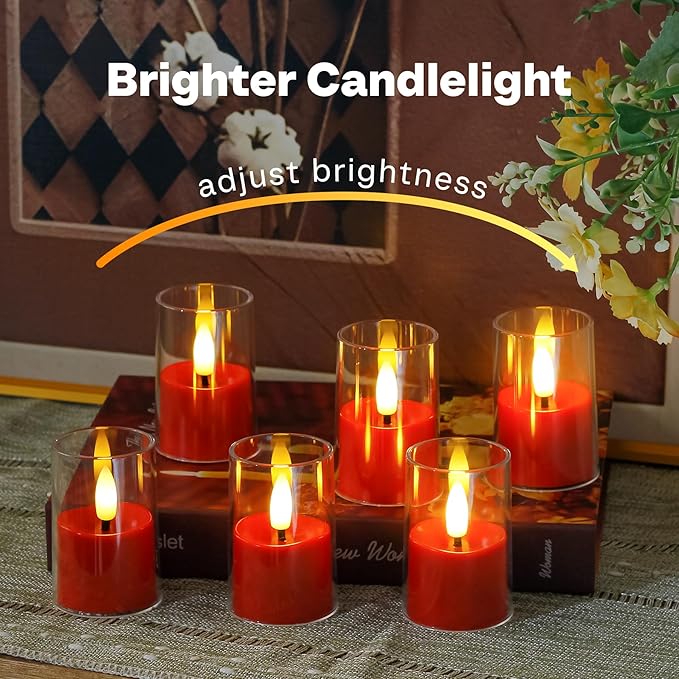 8pcs Battery Operated 1.7" x2.5" Clear Acrylic Remote LED Tea Lights, Flameless 2/4/6/8h Timer Fake Red Bulk Votive Candles with Batteries, Flickering Warm Light Pure Plastic Tealights