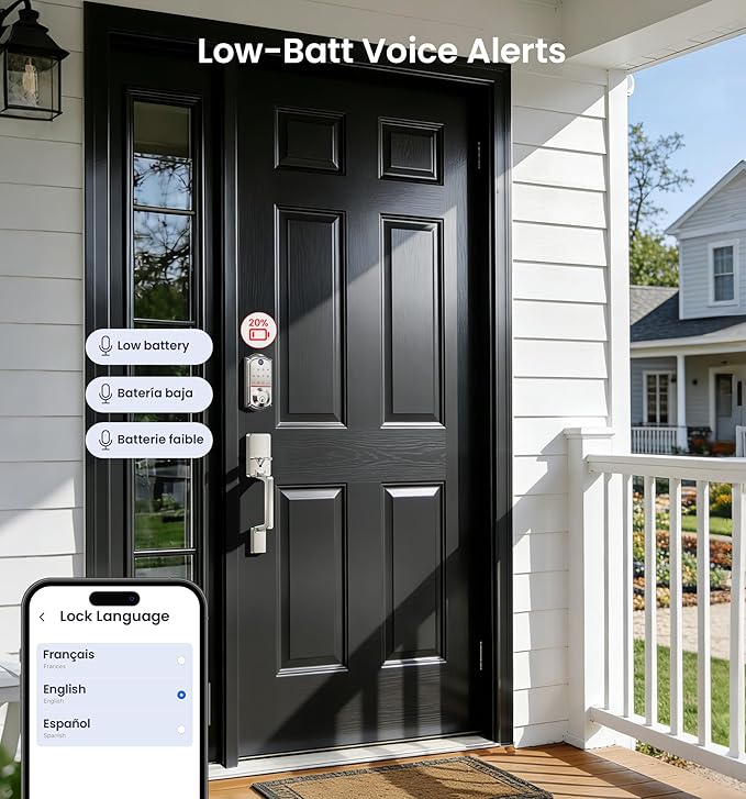 Veise VE017 Fingerprint Smart Door Lock, App Control, 8-in-1 Keyless Entry, Auto Lock, Emergency Power Port, Electronic Touchscreen Keypad, Biometric Smart Locks for Front Door, Satin Nickel