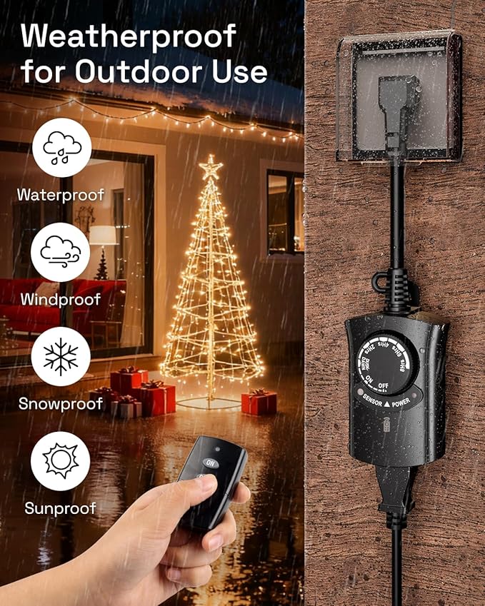 HBN Outdoor Light Timer with Remote Control, Waterproof Light Sensor Timer, 100 ft Wireless Range, 1 Grounded Outlet for Christmas Lights, 15A 1/2HP Heavy Duty