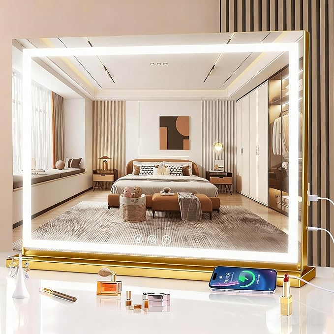 Vanity Mirror with Lights, 31.5" x 23.6" Large Makeup Mirror with LED Lights, Smart Touch Dimmable 3-Color Light, Memory Function, USB Charging Port