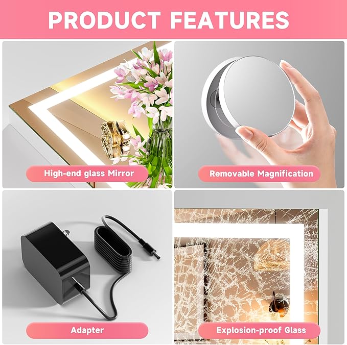 Vanity Mirror with Lights, 32" x 22" LED Makeup Mirror with 10X Magnification, Dimmable 3 Modes, Memory Function, Smart Touch, USB Charging Port, Lighted Makeup Mirror Square White