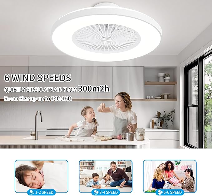 24" Enclosed Ceiling Fan with Light, Low Profile Bladeless Ceiling Fan for Bedroom, 6-Speed Quiet Flush Mount Ceiling Fan with Remote & APP Control, 3-Color Dimmable LED, White