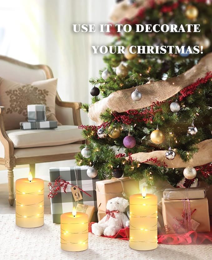 Da by Flameless Candles with String Lights, Battery Operated Candles with Remote and Timer, LED Pillar Candle Real Wax,3 Pack-Ivory White