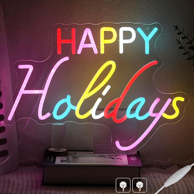 Happy Holidays Neon Sign for Wall Decor, Colorful Letter Neon Light, Dimmable Holiday LED Light Up Sign for New Year Party, Home Bar, Living Room, Wall Decorations