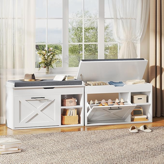 HOOBRO Shoe Storage Bench with Cushion, Modern Entryway Bench with Flip Drawer and Hidden Top Compartment, Shoe Cabinet with Seat and Adjustable Shelves for Hallway, 31.5" L, White and Gray, WG55HX01
