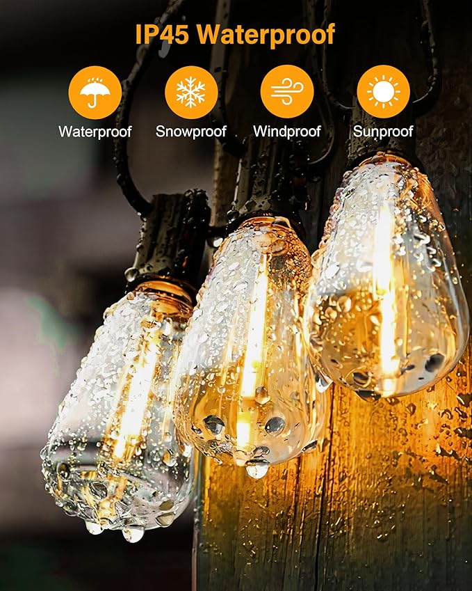 Outdoor String Lights Waterproof, 25 Feet Patio Lights with 13 ST38 Edison Bulbs(1 Sqare), Hanging Lights with Plug in Cord for Porch, Blacony, Backyard, Bistro, Garden, 2700K