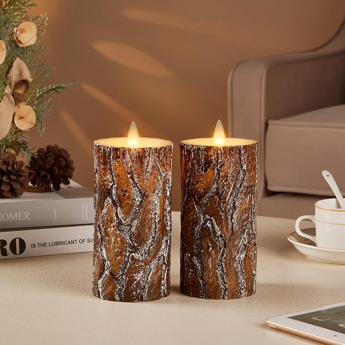 Pine Flameless Pillar Candles Flickering with Remote Timer, Battery Operated LED 3D Moving Flame Real Wax Candles, Set of 2, D3 x H6,Remote Included (Pine)