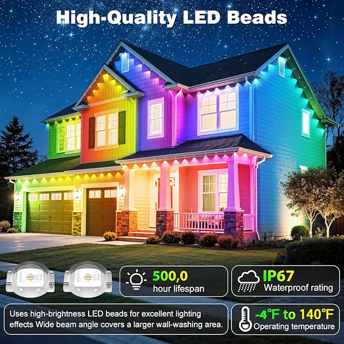 LITSOUL 500FT Permanent Outdoor Lights for House Waterproof, Smart RGB Eave LED Lighting with 16 Million Colors, IP67 Outdoor Strip Lights for Christmas Halloween Holiday Daily Decorations(500FT)