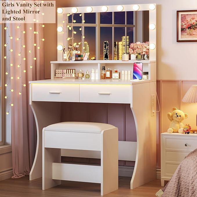 Small Vanity Desk with Mirror and Lights, White Makeup Vanity with Chair, RGB Vanity Table Set with 2 Drawers & Power Outlets & LED Strip, 3 Color Modes & Adjustable Brightness for Women Girls Bedroom