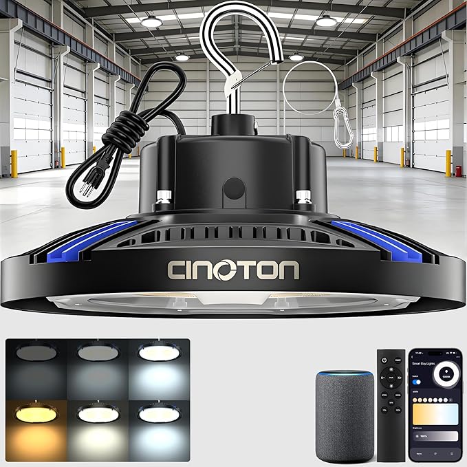 CINOTON Smart UFO LED High Bay Light 150W 21000lm, 2700K-6500K 1-100% Brightness Stepless Dimm Aluminum Shop Lights, ETL Listed Lighting for Garage Factory, APP/Alexa/Remote Control, 120-277V, 1 Pack