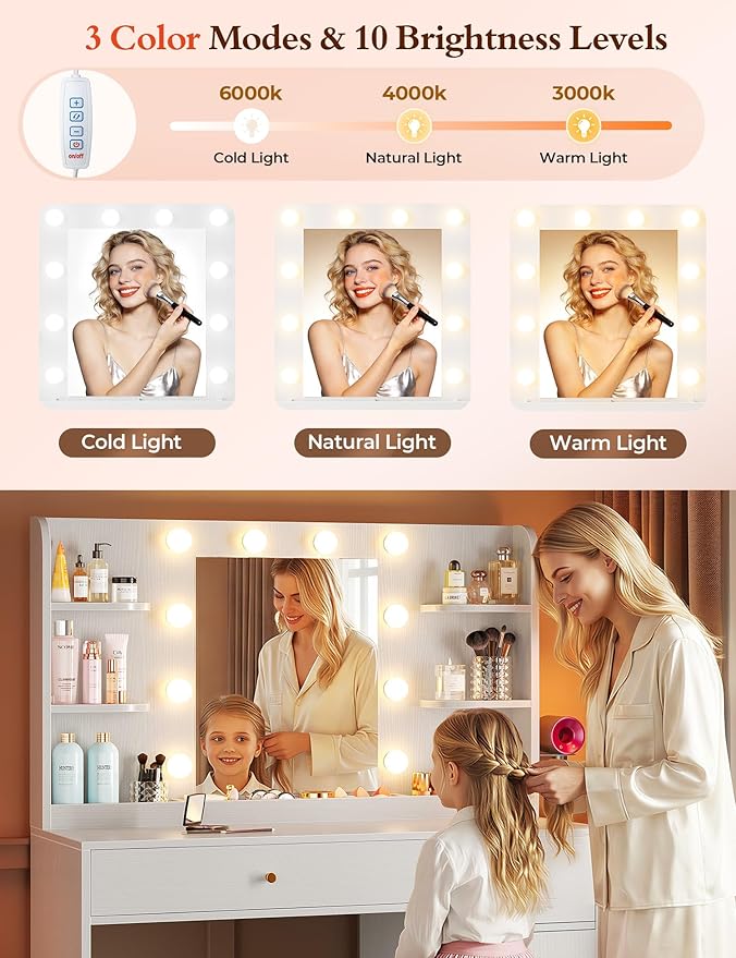 Vanity Desk with Mirror and Lights, 35" Makeup Vanity with 2 Drawers, Storage Cabinet, 8 Open Shelves, 3 Lighting Modes Adjustable Brightness, Power Outlet, Dressing Table for Bedroom, White
