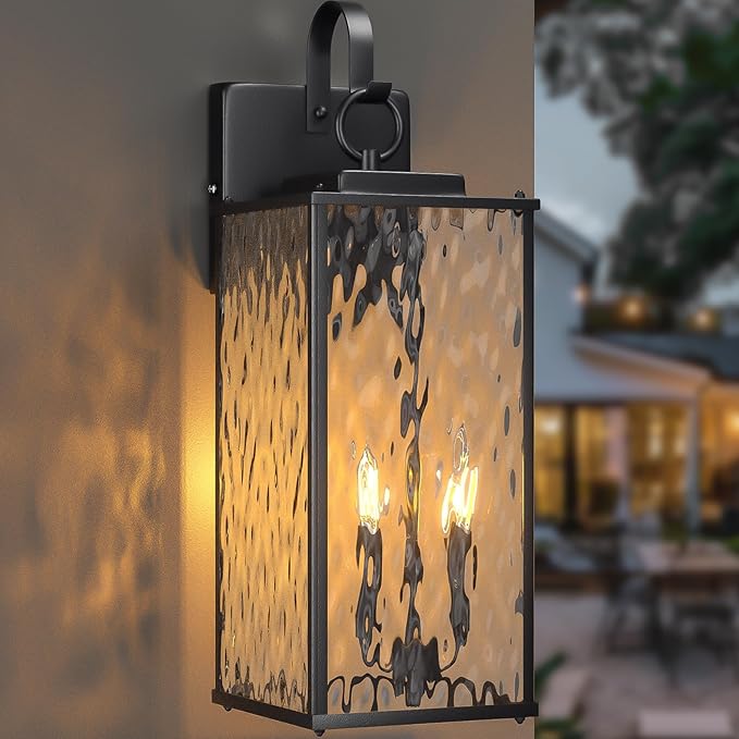 18 Inch Large Outdoor Light Fixture with 2-Light Candelabra, 1-Pack Water Ripple Glass Exterior Lighting Fixture IP65 Waterproof Outdoor Wall Lantern Outside Lamp Carriage Porch Light, E12