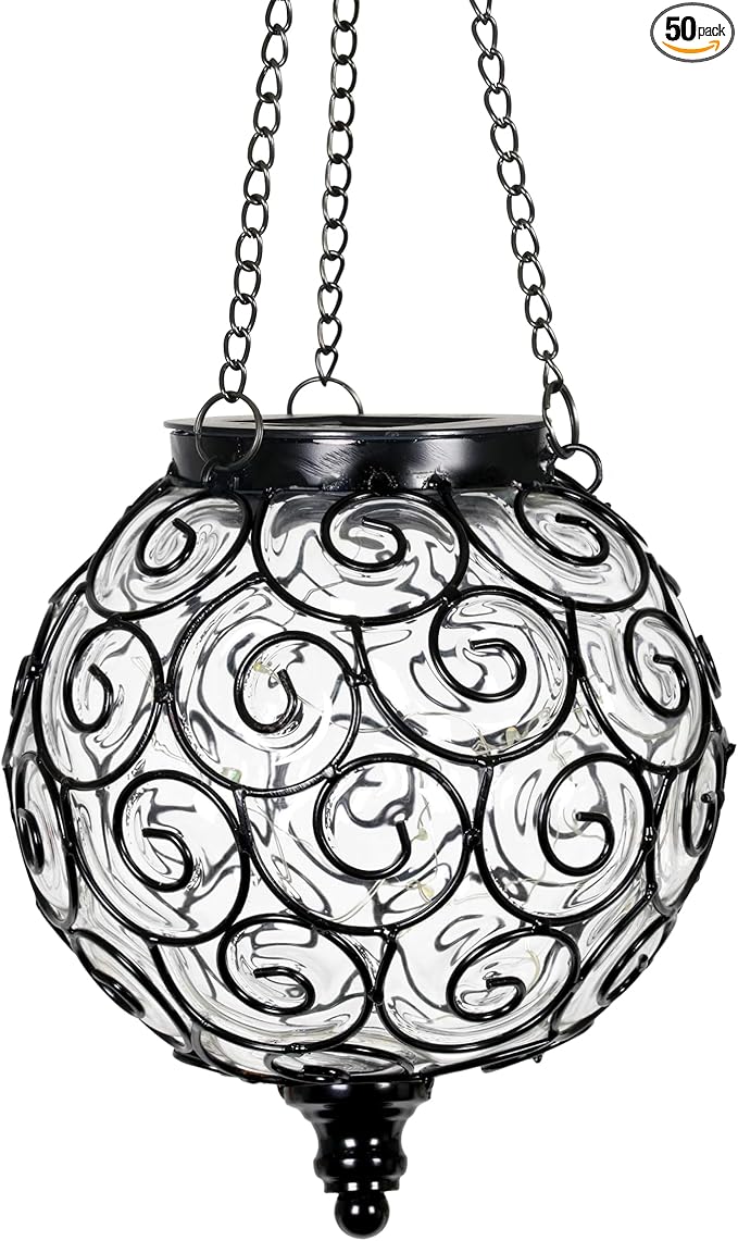 Solar Hanging Lantern Outdoor Garden Lights, Round Glass and Metal Hanging Lantern, 15 Firefly LED Lights, 7 x 20 Inch (Clear)