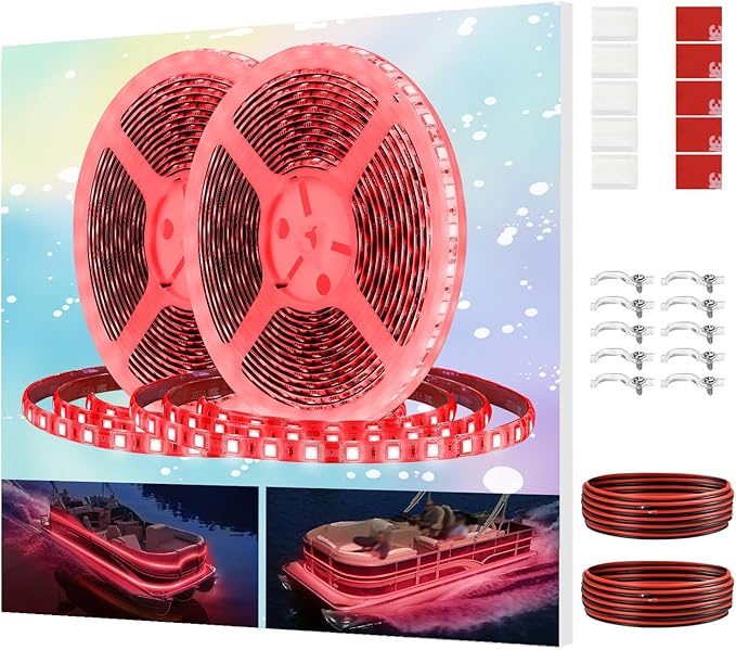 Pontoon Boat LED Strip Lights, 12V 32.8FT Red Waterproof Marine LED Light Boat Interior Light, Boats Deck Hull Gunnel Lights, Night Fishing Lighting for Bass, Jon, No Battery