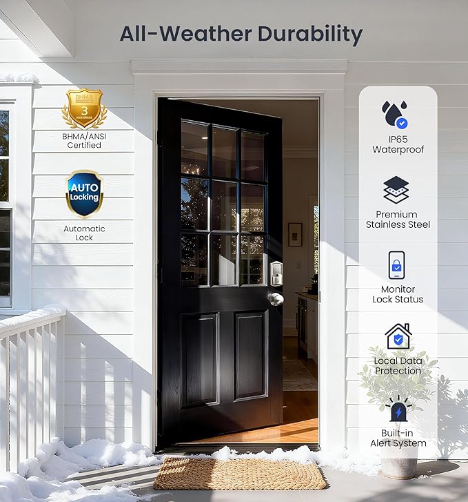 Veise VE027-K Built-in WiFi Smart Lock with 2 Knob, Fingerprint Keyless Entry Door Lock Handle Set for Front Door, App Remote Control, Electronic Digital Keypad Deadbolt, IP65 Waterproof, Satin Nickel