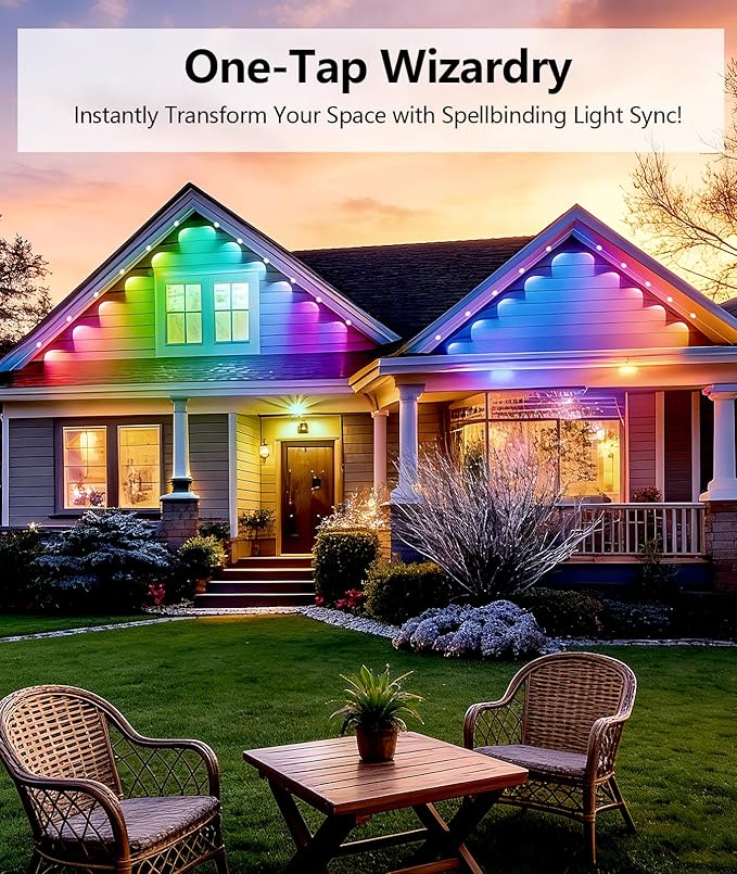 RGB Permanent Outdoor Lights, Smart APP & Remote Control, IP67 Waterproof, for Eaves, Patio, Yard, Party, Villa, 16 Million Colors & Scene Modes
