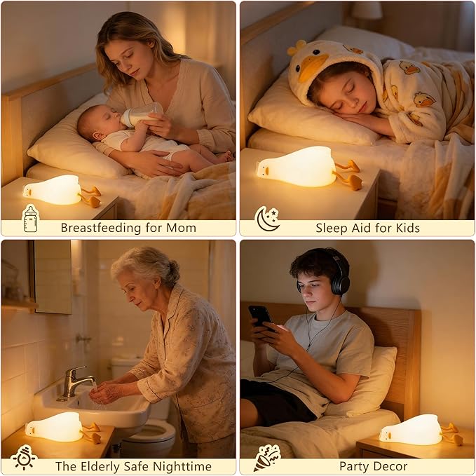 Lying Flat Duck Night Light,Cute White Elephant Gifts,Existential Crisis Duck Lamp,Silicone Squishy Animal Nursery Nightlight, Dimmable/Rechargeable Bedside Touch Lamp, Duck Gifts for Baby Kids Mom