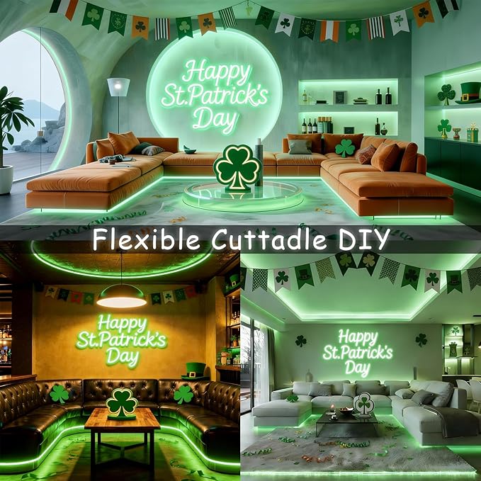 Green Led Lights Strip ST. Patrick's Day Decorations Indoor Rope Lights Easy DIY Cuttable Strip Lights for Room Bathroom Living Room Kitchen Ceiling Wall Vanity Mirror Decor
