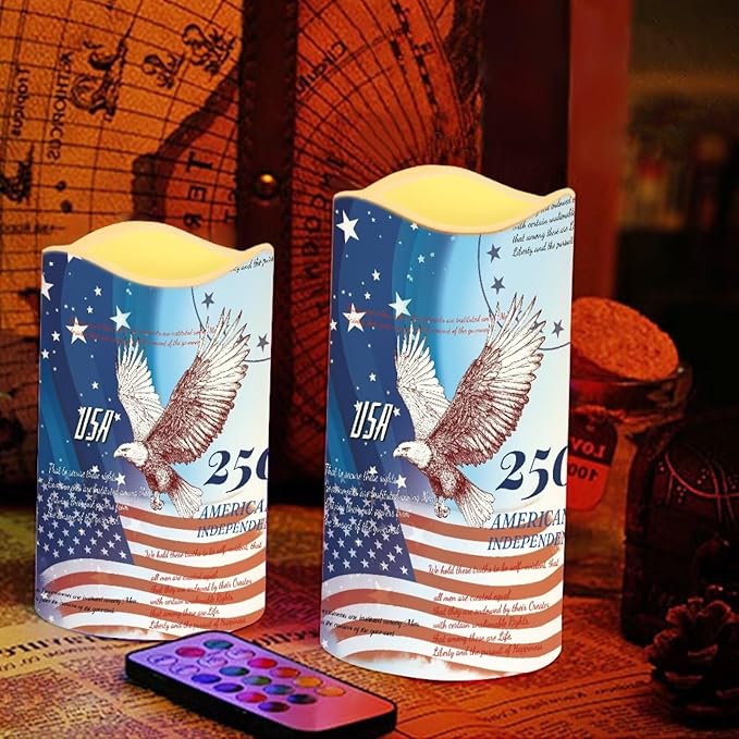 American Flag Electric Candles Bald Eagle Independence Day Flameless LED Candles Battery Operated with Remote 250th Anniversary Flickering Candle for American Holiday, 4 Pack