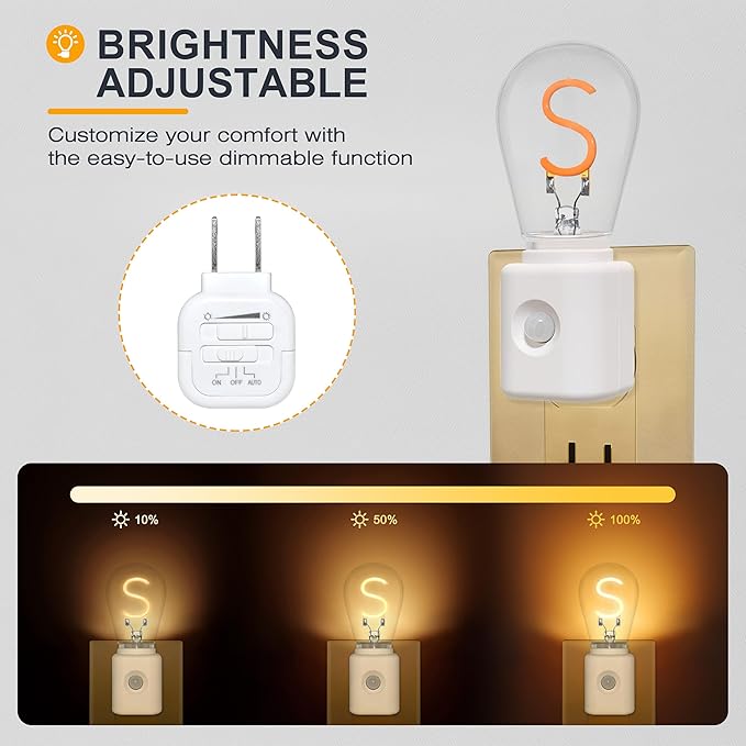 LED Motion Sensor Night Light,[1-Pack] Night Lights Plug into Wall,Motion Sensor and Dusk to Dawn Sensor,S-Type 2200K Amber,Brightness Adjustable,Nightlight for Bathroom Hallway Home