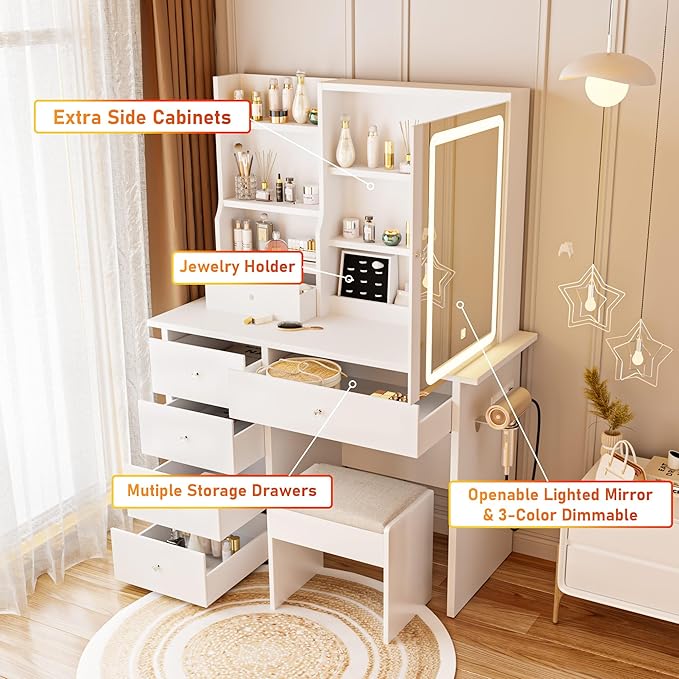 ALEAVIC Vanity Desk with Mirror and LED Lights, Makeup Vanity Set with Power Outlet, and Stool,Jewelry Storage,White Vanity Desk for Bedroom