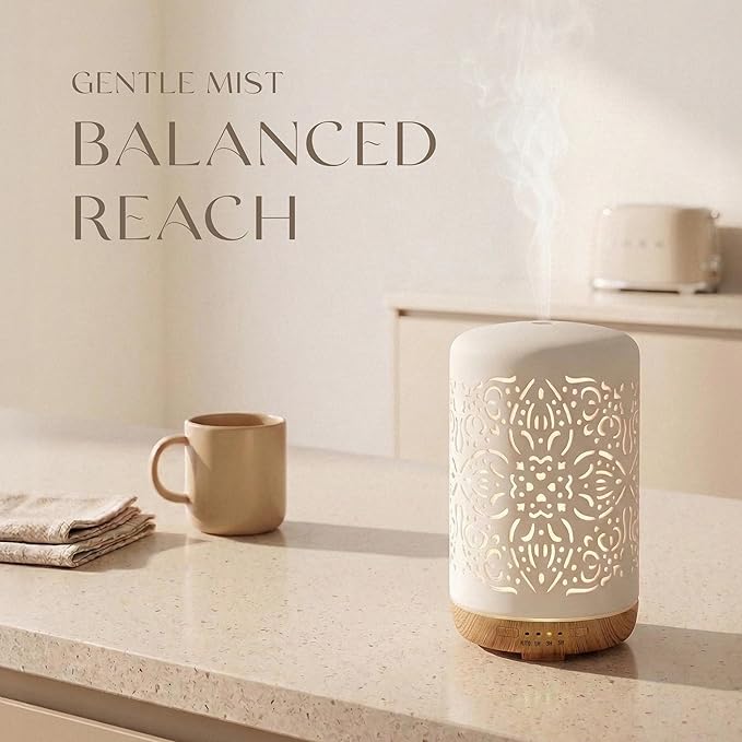 Earnest Living Essential Oil Diffuser White Ceramic Diffuser 250 ml Timers Night Lights and Auto Off Function Home Office Humidifier Aromatherapy Diffusers for Essential Oils