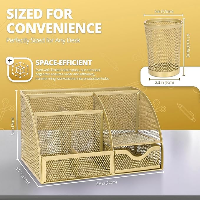 Flexzion Desk Caddy Organizer Set (Gold) - Metal Mesh Desktop Caddy with Drawers, 6 Compartments, and Pencil Holder for Women & Men - Desktop Organizer and Storage for Work or Office Supplies