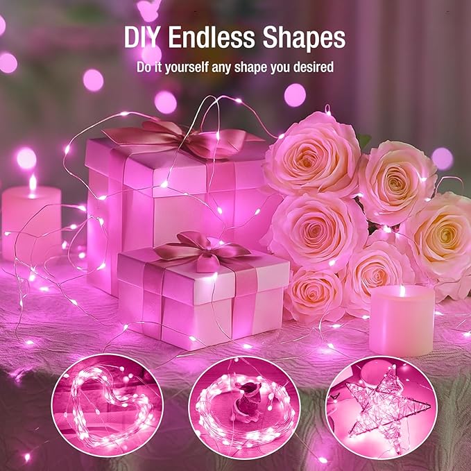 20 Pack Fairy Lights Battery Operated - 7ft 20 Led Twinkle Lights 3 Modes, Bulk Mini String Lights Waterproof for Mason Jars Vases DIY Party Wedding Decoration Christmas - Pink