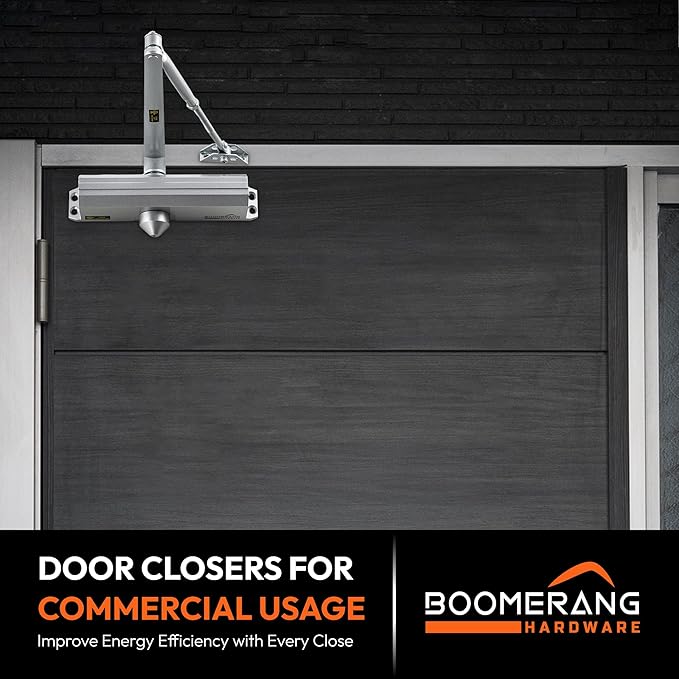 Boomerang Medium/Heavy Duty Automatic Commercial Door Closer -D4016 Surface Mounted, Grade 1- ADA & UL 3 Hour Fire Rated, Adjustable Size 1-6 for Entry & Aluminum Storefronts, Aluminum/Silver (US26D)