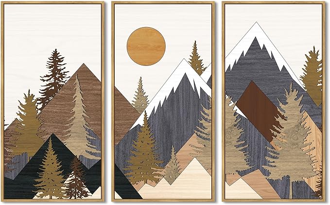 KUVIOKE Mountains Framed Wall Art Sun Range Landscape Wall Decor Farmhouse Bedroom Living Room Ready to Hang 8x16in3pcs Natural Framed