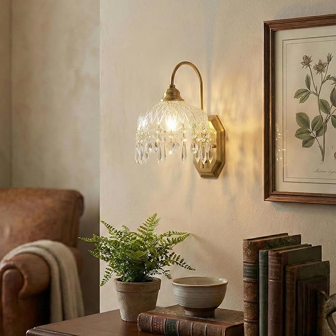 2-Pack Vintage Wall Sconce,Glass Crystal Wall Sconce, Antique Brass Finish Set of Two for Bedroom Bathroom Hallway Living Room Decor