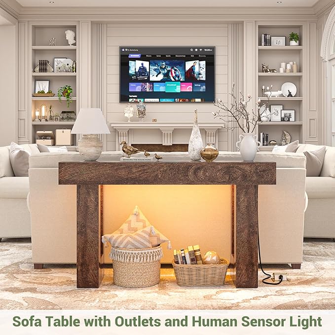 Unikito 47" Entryway Table with Socket and Sensor Light, Narrow Console Table with Storage Behind Couch, Farmhouse Entry Way Tables with Open Storage for Entrance/Hallway/Living Room Rustic Oak