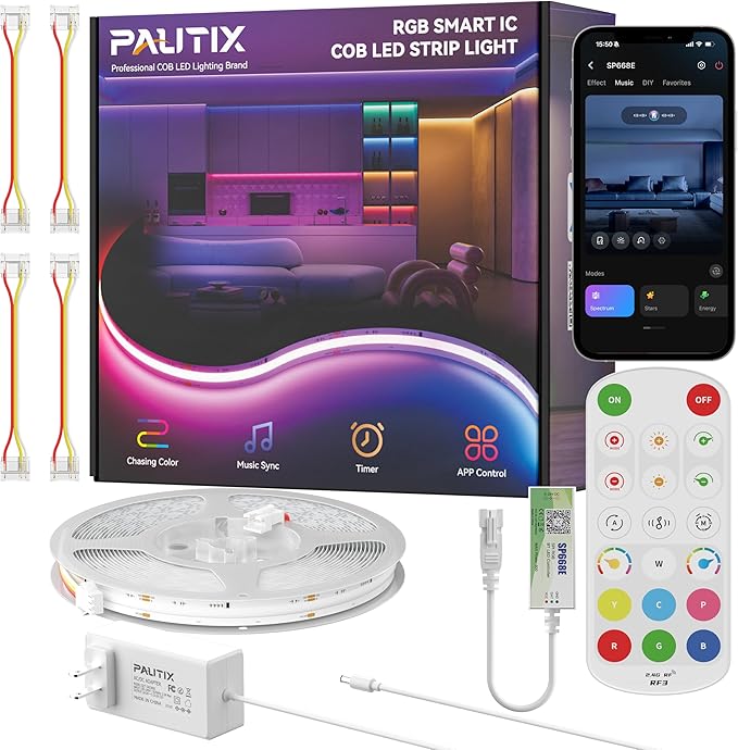 PAUTIX COB LED Strip Lights Pro, UL-Listed RGB Smart IC Chasing Color Addressable COB LED Tape Light, Music Sync Flexible RGB LED Lights, Smart Strip Light, for Party, Bedroom, Color Changing, 32.8ft