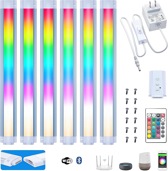 Smart RGB Cabinet Lights,Color Changing & White Dimmbale Light Bar for Counter,Case,Desk,LED Light Strips with Alexa,Echo,App,Remote Control,Music Sync Indoor Room,TV,Party Lighting Decor,6pcs
