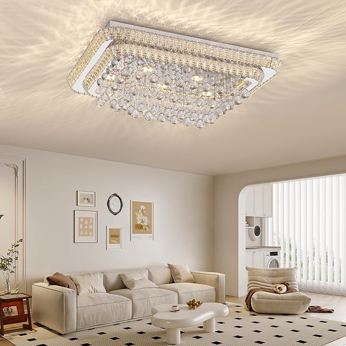 32 inch Crystal Flush Mount Chandelier, Modern Raindrop Crystal Silver Chandeliers with Remote and APP, 3 Colors Temp & Brightness Adjustable, Ceiling Light for Bedroom Hallway DiningRoom Living Room