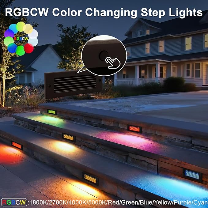 Outdoor Stair Lights, 5W 8.7" 12V LED RGB Color Changing Low Voltage Under Deck Stair Lights Wired for Step Deck Fence Outdoor Waterproof, 0.6'' Ultra Thin Surface Mount, Bronze, 12PK