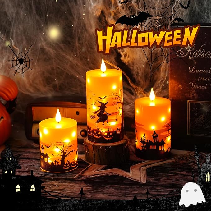 Flameless Candles Real Wax Realistic Halloween Candles, Battery Operated LED Pillar with Remote Timer, Ideal for Halloween Home Decor（D 3"*H 4" 5" 6" ）