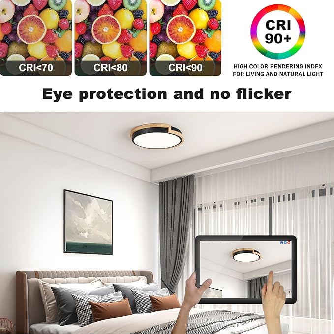Modern Dimmable LED Flush Mount Ceiling Light Fixture,Round Close to Ceiling Lighting,Matte Black with Wood Accent,Minimalist Kitchen Light Fixtures for Bedroom,Entryway,Living Room,11.81in