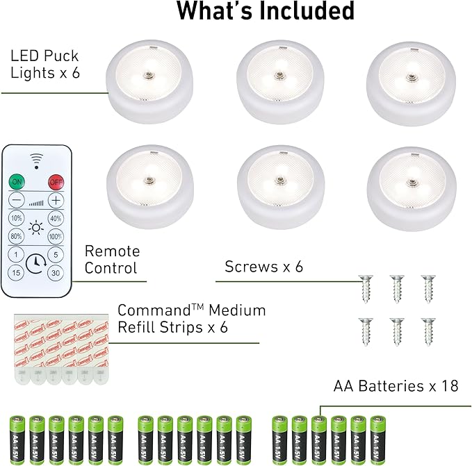 Ecolight 6-Pack 3-Inch Battery-Operated LED Puck Lights with IR Remote, 40 Lumens Each, Dimmable, Timer Settings, Molded White, Wireless Under-Cabinet Lighting